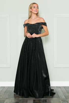 Poly USA 8890 Off Shoulder Rhinestone Gown