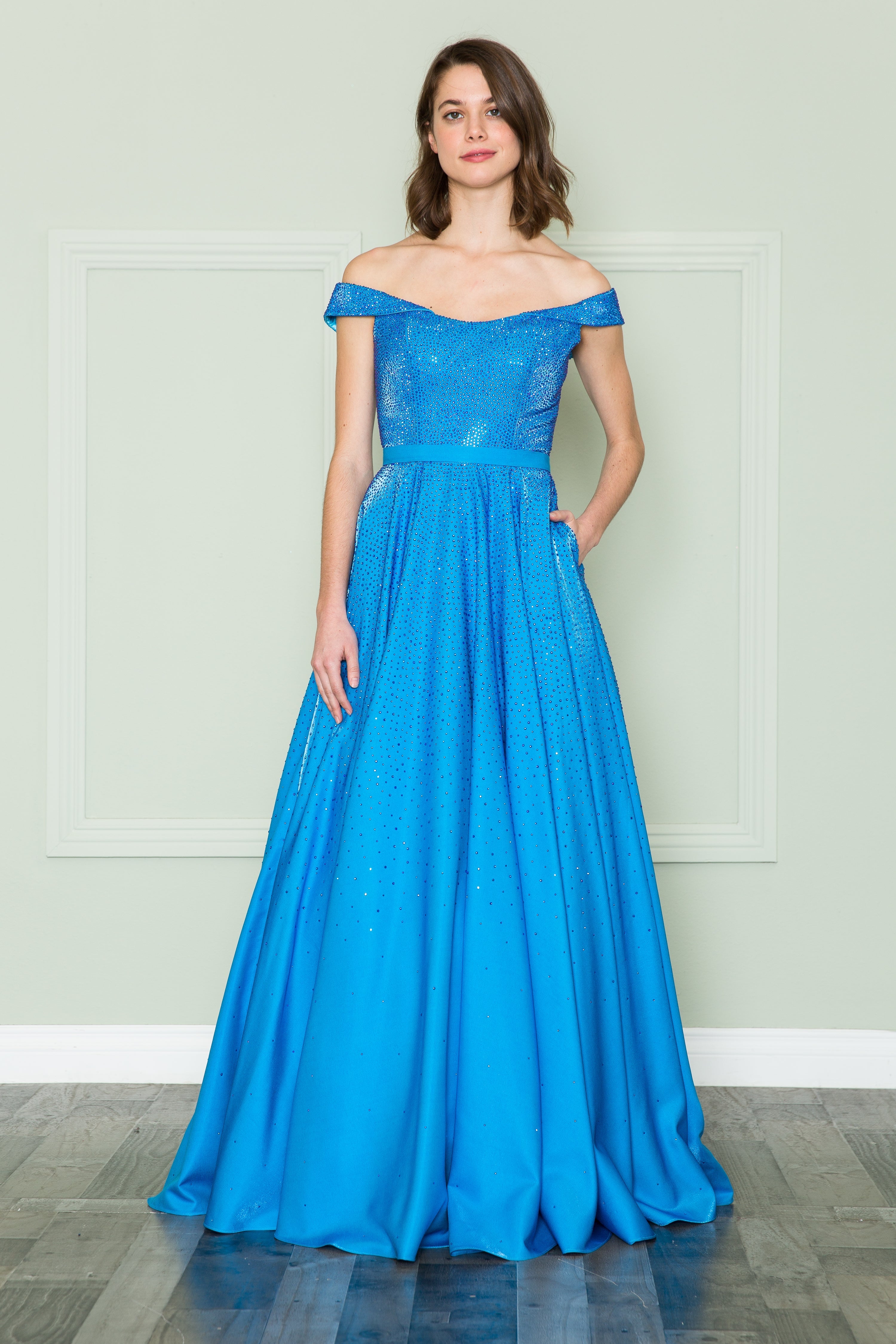 Poly USA 8890 Off Shoulder Rhinestone Gown