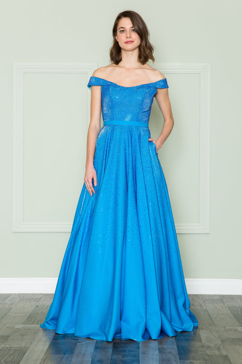 Poly USA 8890 Off Shoulder Rhinestone Gown