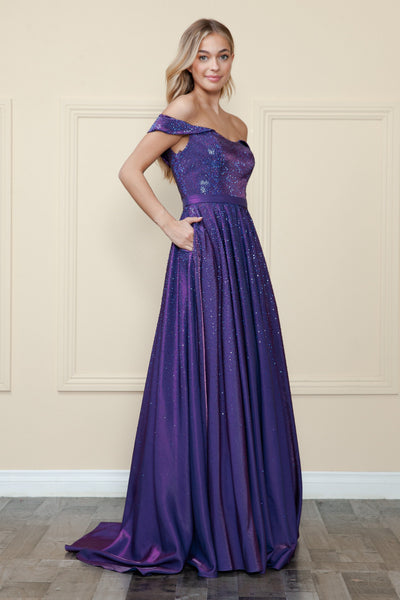 Poly USA 8890 Off Shoulder Rhinestone Gown
