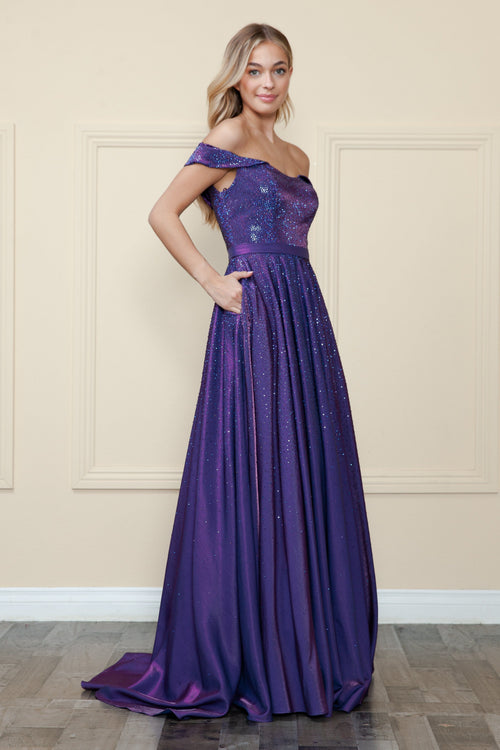 Poly USA 8890 Off Shoulder Rhinestone Gown