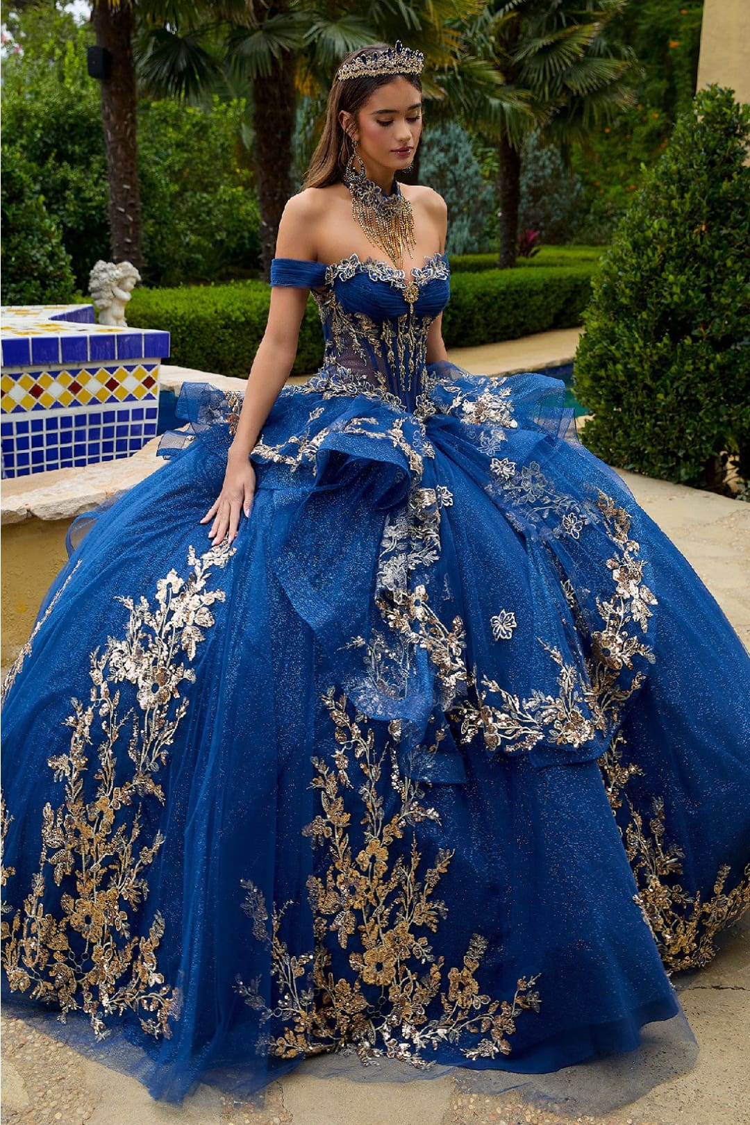 gold royal blue quinceanera dresses Navy and Quince Dress Off Shoulder Ruffled Ball Gown by GLS Glori 091724