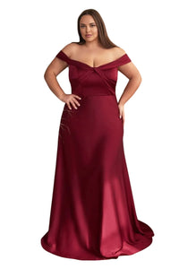 Off Shoulder Satin Bridesmaids Gown 2025 Simple Elegant Formal Dress - BURGUNDY / 4 - Dress