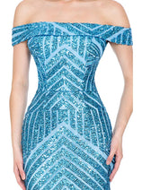 LENOVIA 5224 Off Shoulder Sequined Long Formal Dress