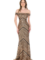 LENOVIA 5224 Off Shoulder Sequined Long Formal Dress