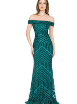LENOVIA 5224 Off Shoulder Sequined Long Formal Dress