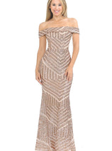 LENOVIA 5224 Off Shoulder Sequined Long Formal Dress