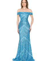LENOVIA 5224 Off Shoulder Sequined Long Formal Dress
