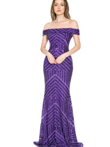 LENOVIA 5224 Off Shoulder Sequined Long Formal Dress