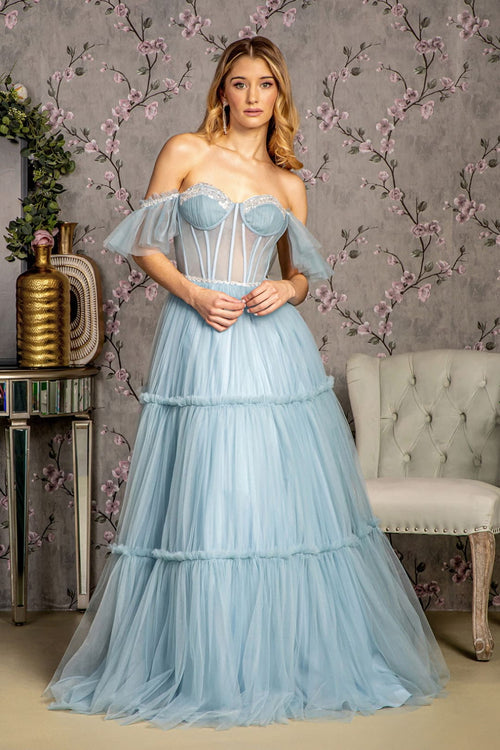 Off Shoulder Sheer Corset Tiered Gown by GLS Gloria GL3453 - Long Formal Dresses