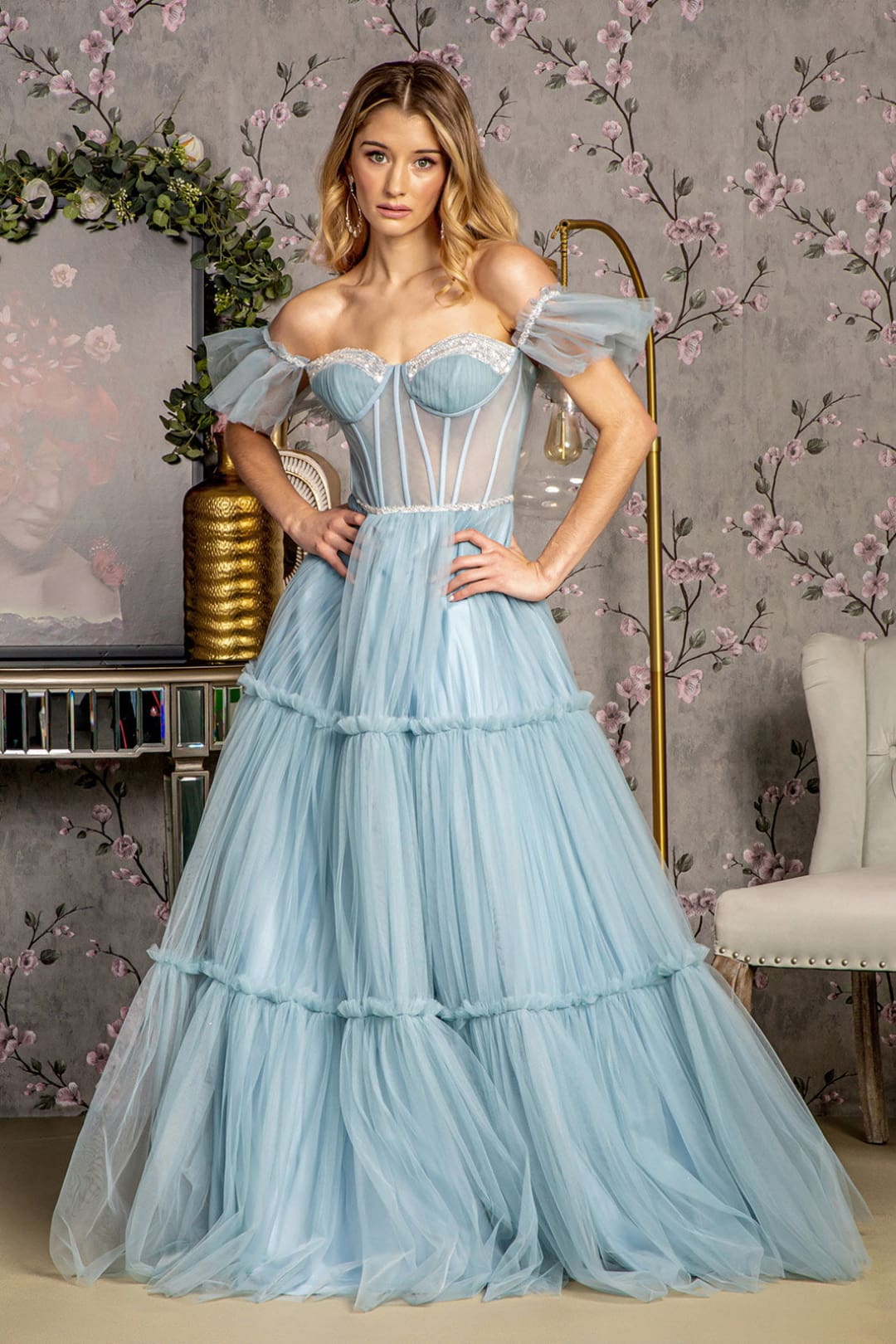 Off Shoulder Sheer Corset Tiered Gown by GLS Gloria GL3453 - XS / Smoky Blue - Long Formal Dresses