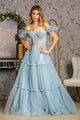 Off Shoulder Sheer Corset Tiered Gown by GLS Gloria GL3453 - XS / Smoky Blue - Long Formal Dresses
