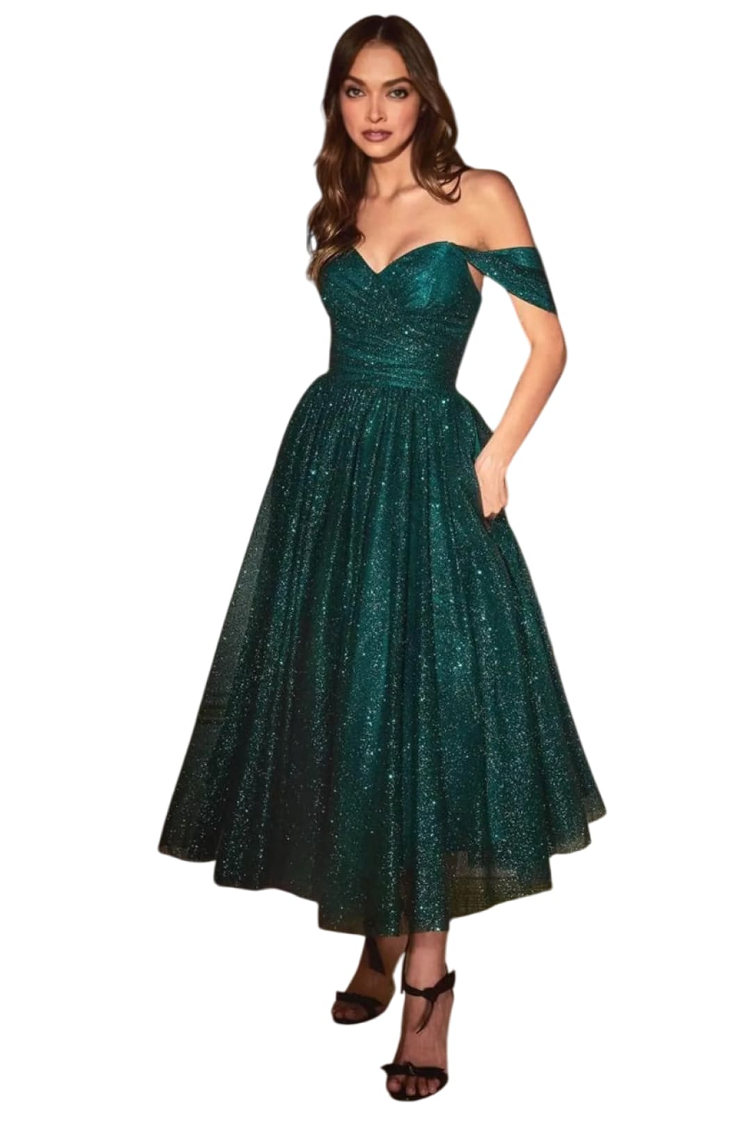 Off-Shoulder Tea-Length Gown 2025 Elegant Cocktail Dress - Emerald / 2 - Prom