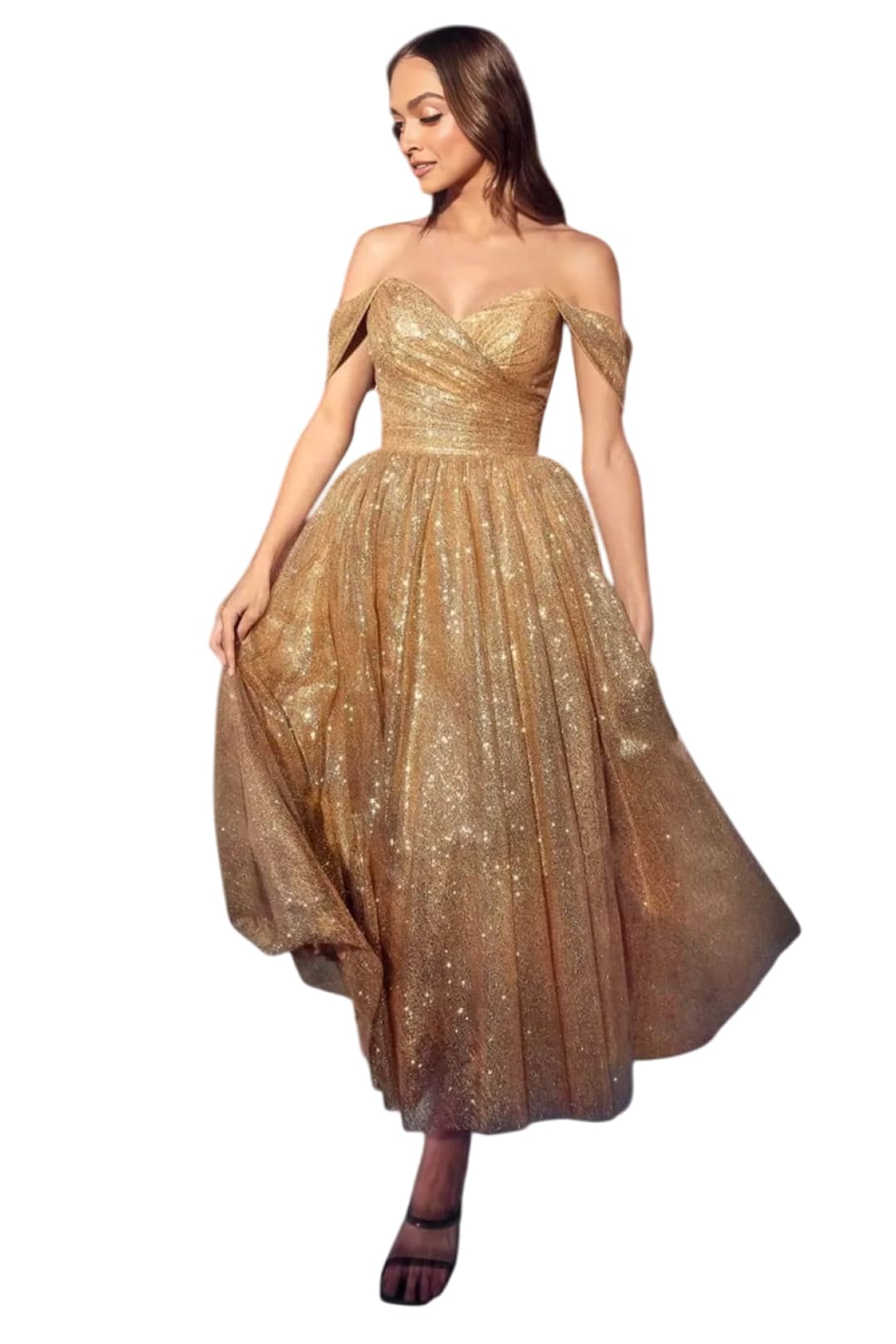 Off-Shoulder Tea-Length Gown 2025 Elegant Cocktail Dress - Gold / 2 - Prom