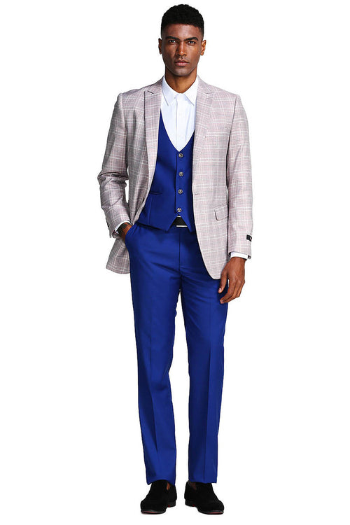 Traje de hombre de un botón con solapa de pico, gris y azul a cuadros Glen con chaleco cruzado