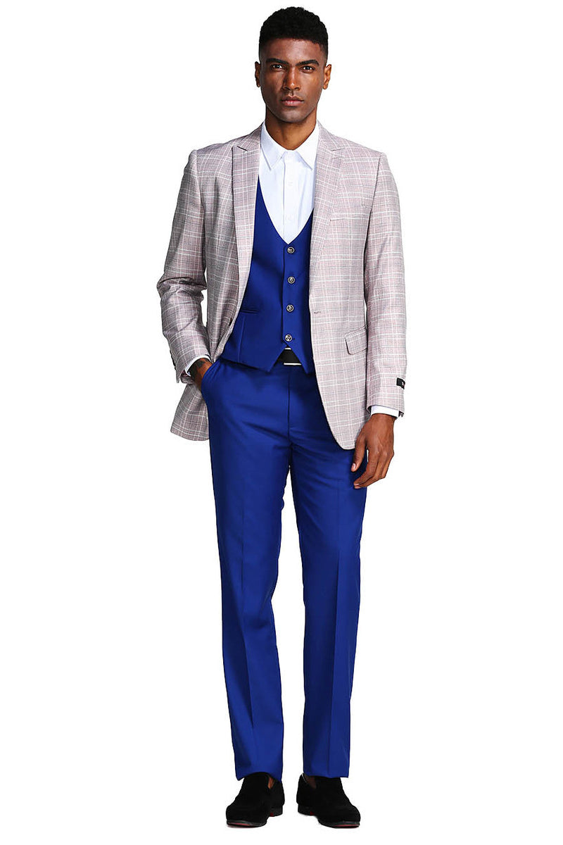 Traje de hombre de un botón con solapa de pico, gris y azul a cuadros Glen con chaleco cruzado