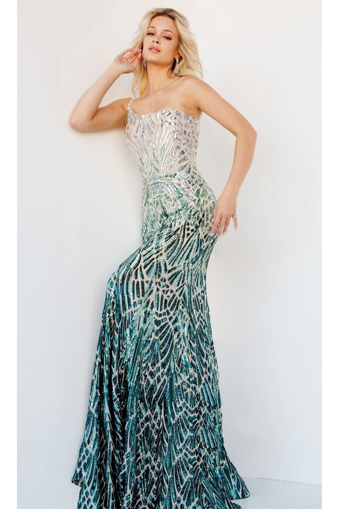 Ombre Sequin-Print Prom Gown: Jovani 06469 - Silver/Green / Apparel & Accessories > Clothing > Dresses