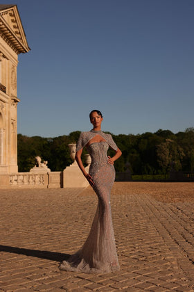 Chic and Holland HF110677 High Neck Cape Sleeve Beaded Sheath Evening Gown with Corset Bodice and Cutout Detail