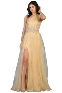 One Shoulder Prom Long Dresses - CHAMPAGNE/GOLD / 4