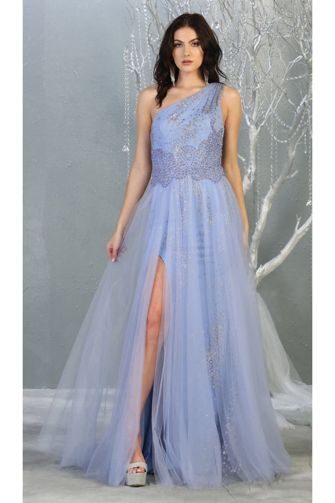 One Shoulder Prom Long Dresses - DUSTY BLUE / 4