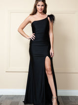 POLY USA 9068 One shoulder Prom Stretchy Dress w/ removable feathers