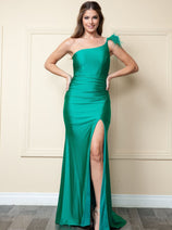 POLY USA 9068 One shoulder Prom Stretchy Dress w/ removable feathers