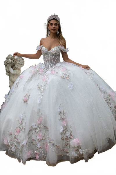 white quince dress with pink flowers Floral Print Quinceanera Dress by House of Wu 26039 0 / Ivory/Multi