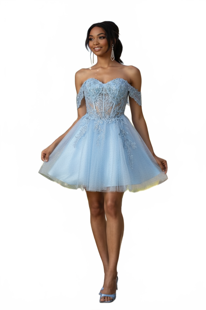 Dama Dresses for Quinceanera in Baby Blue Off Shoulder Quince Outfit