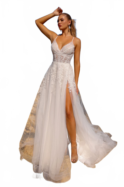 white corset formal dress Sheer-Corset-Bodice Long White Prom Dress