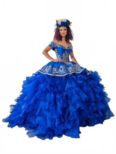 Ruffled Charro Quinceanera Dress Off Shoulder Ball Gown Calla SCL30013 Red/Gold / XS