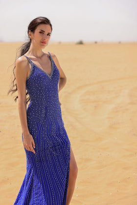 Chic and Holland AN330035 V-Neck Beaded Evening Gown