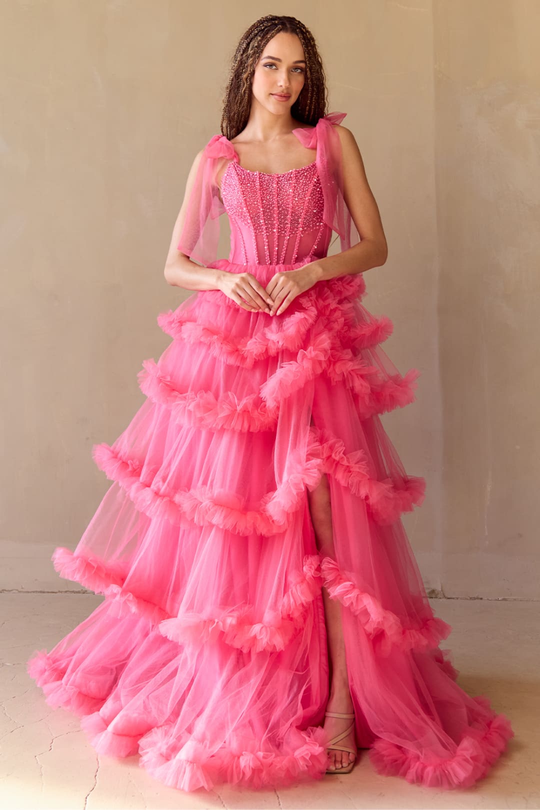 Sheer-Corset Long Ruffle Prom Dress with Shoulder Bows Moss Green / 10