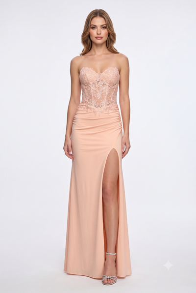 La Femme 33526 Beaded Lace Illusion Sweetheart Gown