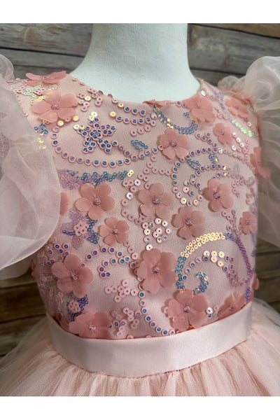 Puffy Sleeve Sequin Floral Tulle Dress – Birthday Special Occasion Gown by Bella Princess 317
