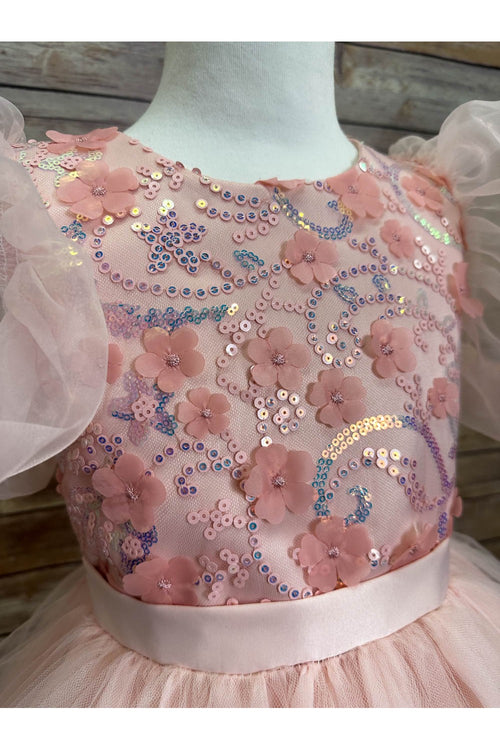 Puffy Sleeve Sequin Floral Tulle Dress – Birthday Special Occasion Gown by Bella Princess 317