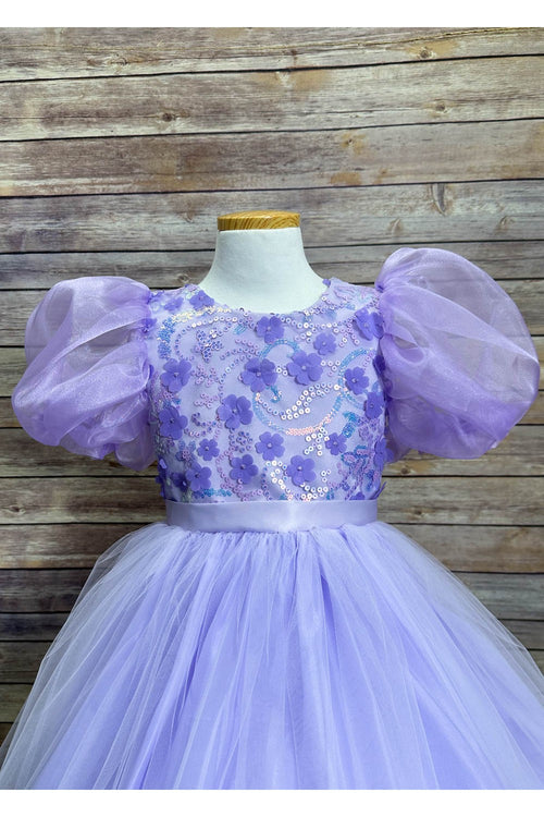 Puffy Sleeve Sequin Floral Tulle Dress – Birthday Special Occasion Gown by Bella Princess 317