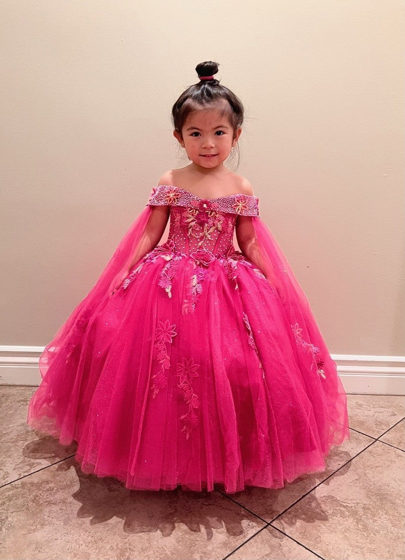 Girls Off-Shoulder Cape Sleeve Gown by Calla SCK308