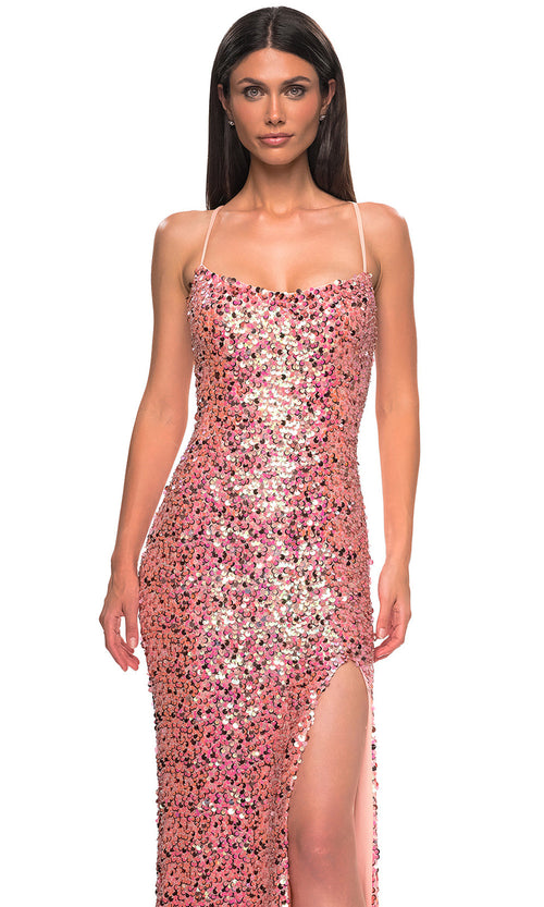 La Femme 32550 Adjustable Tie Strap Sequin Paillette Prom Gown