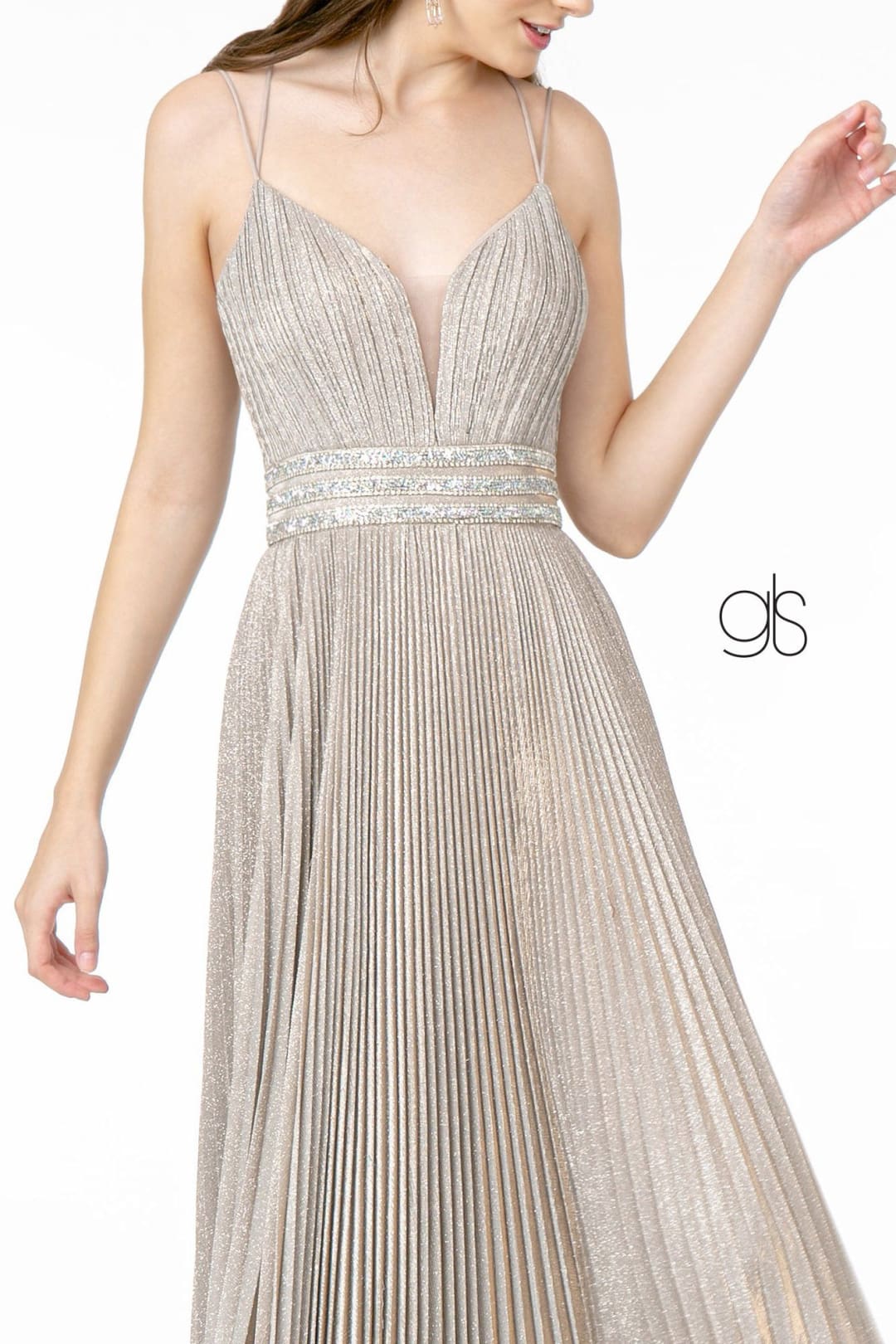 Pleated Long A-Line Metallic Glitter Dress by Elizabeth K GL2905 - Long Formal Dresses