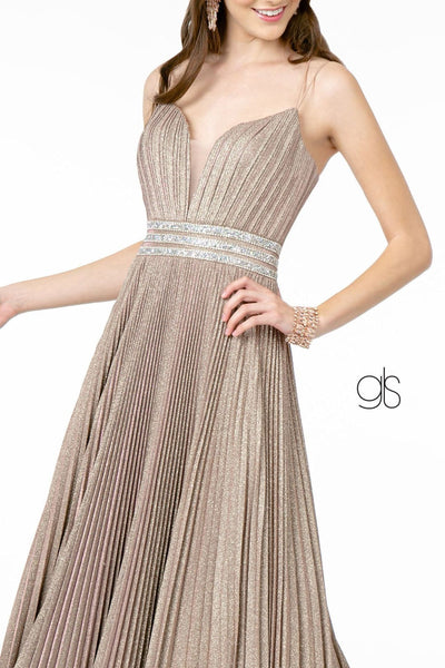 Pleated Long A-Line Metallic Glitter Dress by Elizabeth K GL2905 - Long Formal Dresses