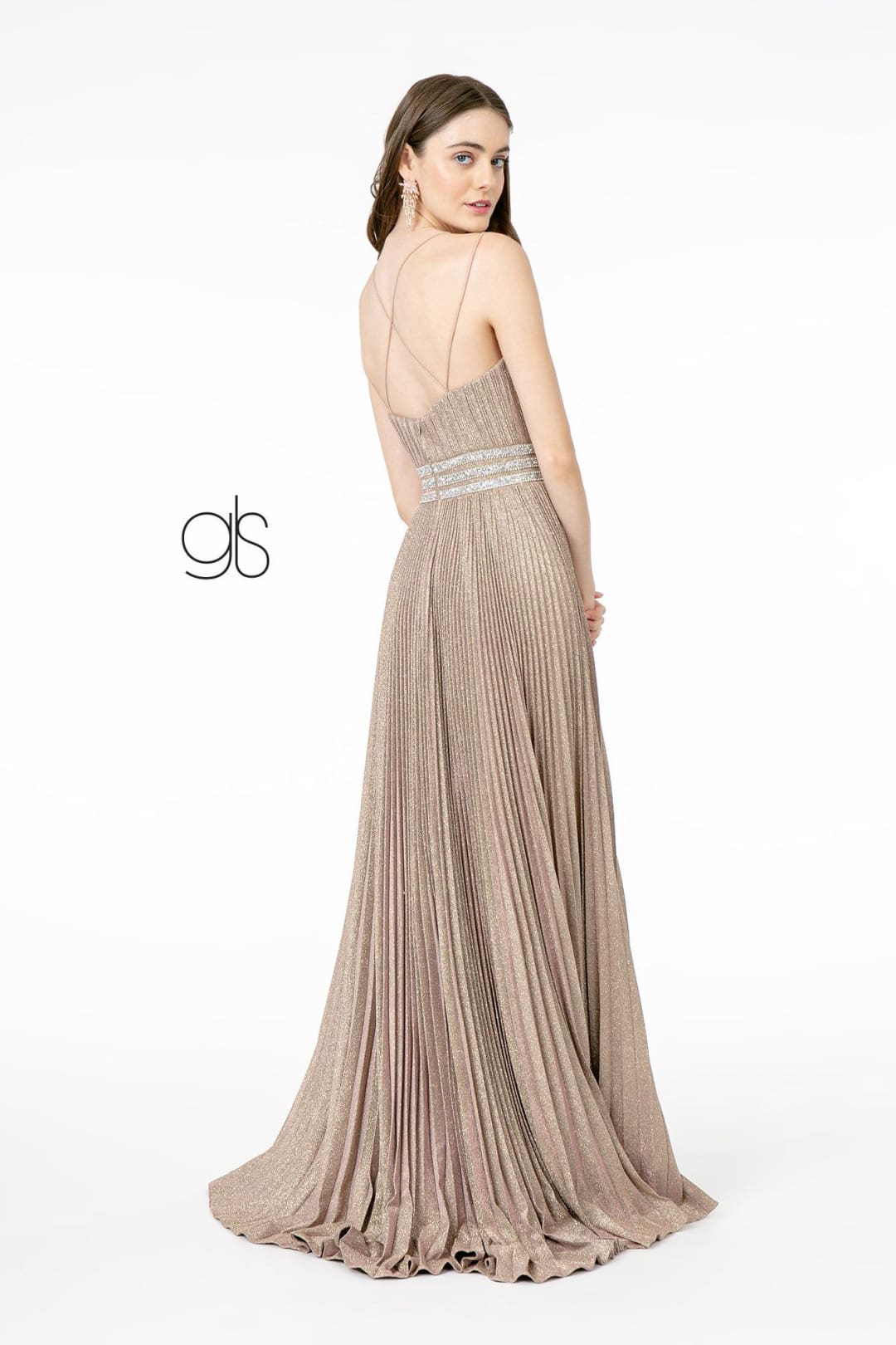 Pleated Long A-Line Metallic Glitter Dress by Elizabeth K GL2905 - Long Formal Dresses