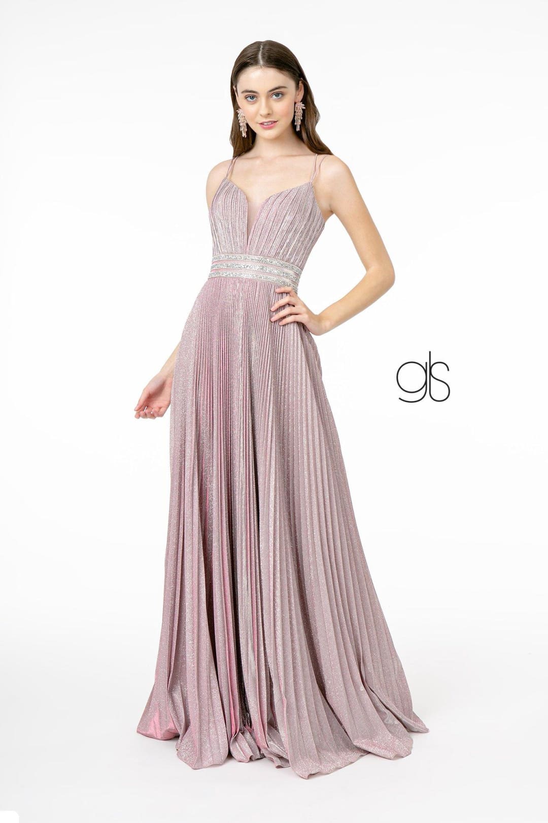 Pleated Long A-Line Metallic Glitter Dress by Elizabeth K GL2905 - XS / Dusty Rose - Long Formal Dresses
