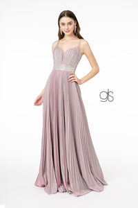 Pleated Long A-Line Metallic Glitter Dress by Elizabeth K GL2905 - XS / Dusty Rose - Long Formal Dresses