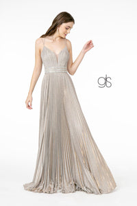 Pleated Long A-Line Metallic Glitter Dress by Elizabeth K GL2905 - XS / Silver - Long Formal Dresses