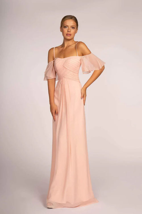Pleated Long Cold Shoulder Chiffon Dress by Elizabeth K GL2615 - XS / Blush - Long Formal Dresses