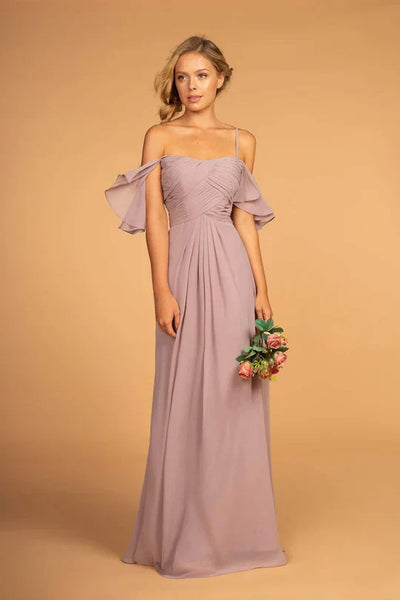 Pleated Long Cold Shoulder Chiffon Dress by Elizabeth K GL2615 - XS / Mauve - Long Formal Dresses
