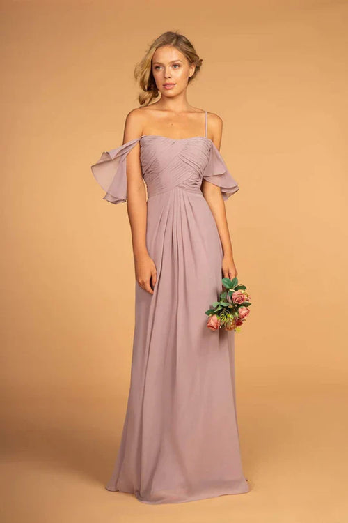 Pleated Long Cold Shoulder Chiffon Dress by Elizabeth K GL2615 - XS / Mauve - Long Formal Dresses