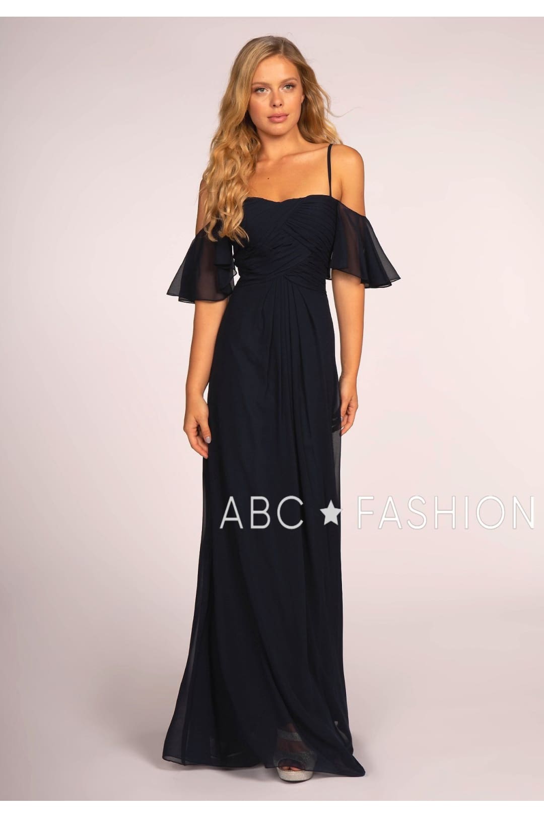 Long Cold Shoulder Dress with Pleated Bodice by Elizabeth K GL2615-Long Formal Dresses-ABC Fashion