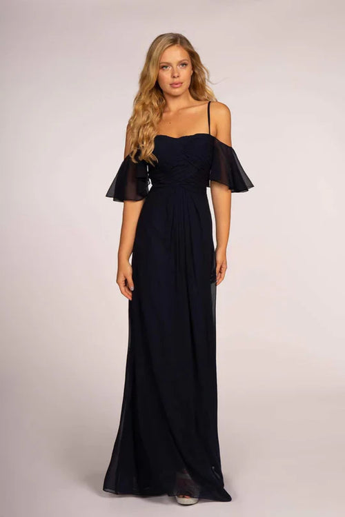 Pleated Long Cold Shoulder Chiffon Dress by Elizabeth K GL2615 - XS / Navy - Long Formal Dresses