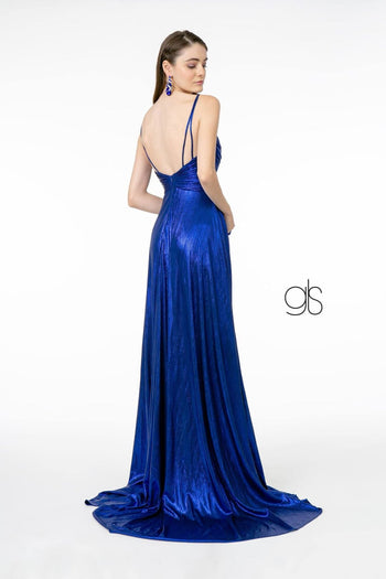 Pleated Long Metallic Slit Dress by Elizabeth K GL2927 - Long Formal Dresses